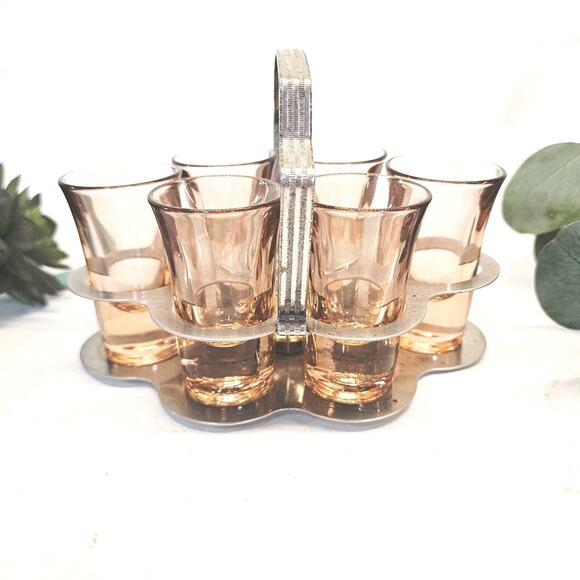Vintage Pink Depression Shot Glasses W Caddy Cordial Holder Stand BarWare Bar - Picture 1 of 13